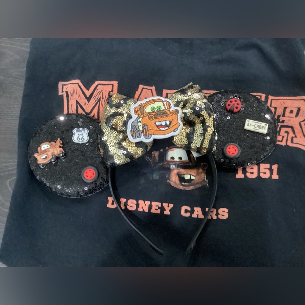 Tow Mater XL unisex shirt and mouse ears.